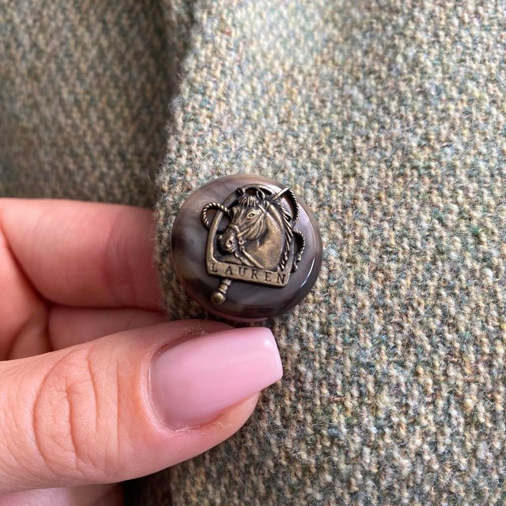 Vintage Lauren Ralph Lauren Green Herringbone Wool Tweed Equestrian Blazer - Picture 6 of 8